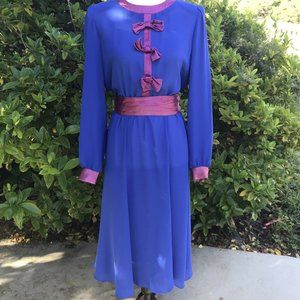 Vintage Shirtwaist Dress 1950’s 60’s Semi Sheer Long Sleeve Blue Belted Dress